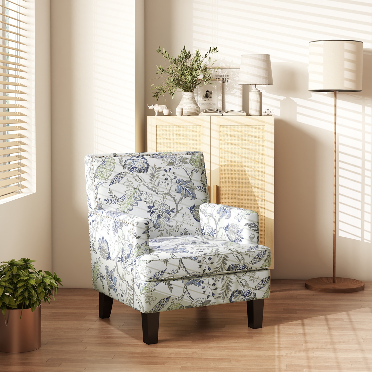 HOMCOM Mid-Century Modern Accent Chair with Floral Pattern and Nailhead Trim, Upholstered Armchair for Bedroom, Fabric Living Room Chair with Wood