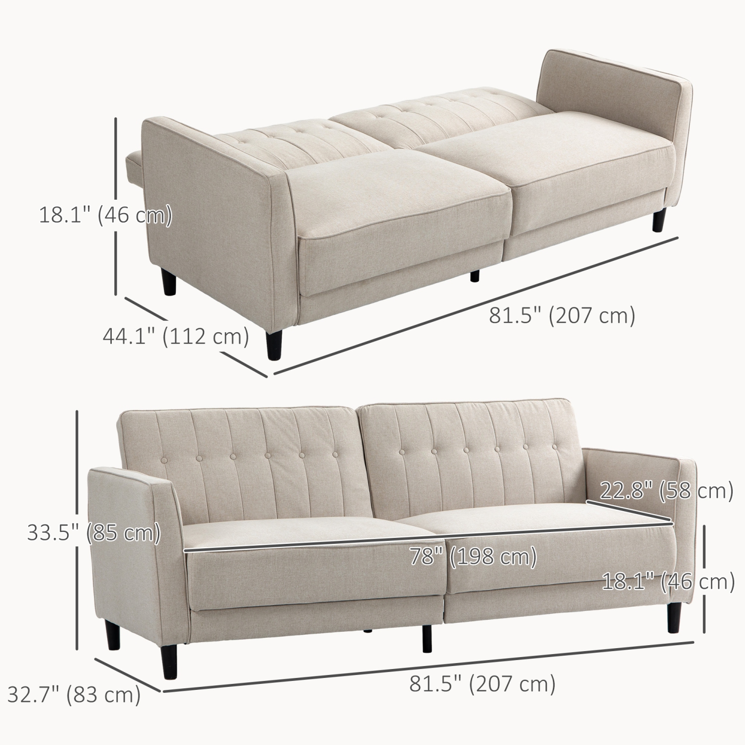 HOMCOM Convertible Sofa Bed with Adjustable Back, Button Tufted Sleeper Sofa Bed Couch with Wood Legs for Living Room, Guest Room, Apartment, Beige