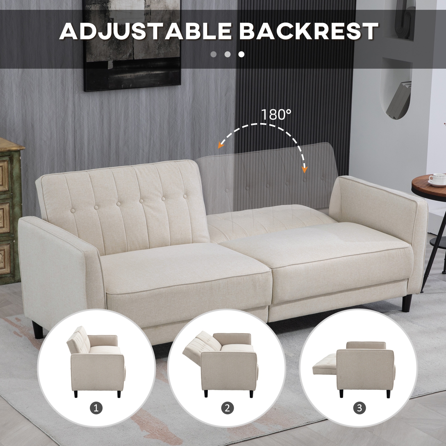 HOMCOM Convertible Sofa Bed with Adjustable Back, Button Tufted Sleeper Sofa Bed Couch with Wood Legs for Living Room, Guest Room, Apartment, Beige