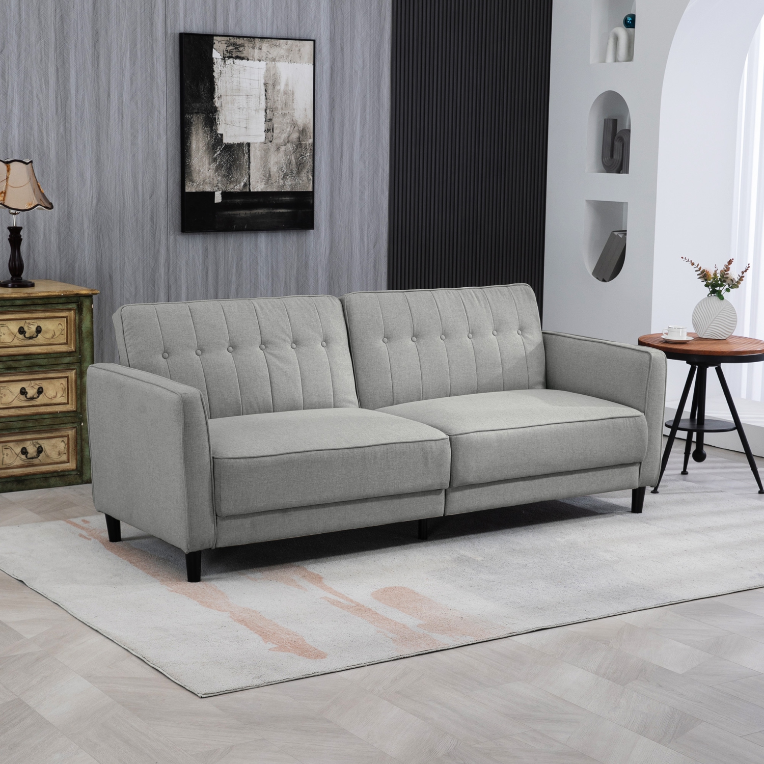 Canapé-lit convertible avec dossier réglable, canapé-lit capitonné à boutons avec pattes en bois pour le salon, la chambre, l'appartement, gris