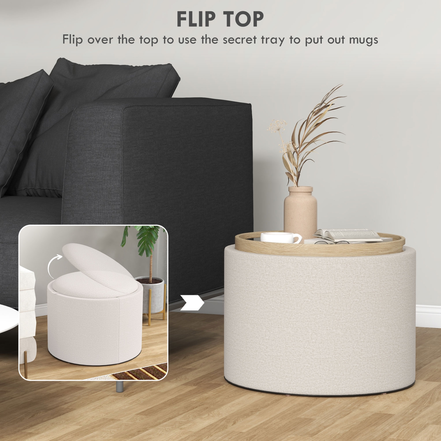 HOMCOM – Table basse ronde avec plateau rabattable, table centrale avec rangement dissimulé, repose-pieds en lin pour salon, chambre d'étudiant,