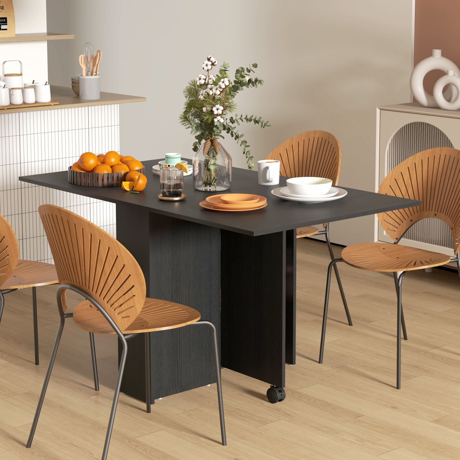 HOMCOM – Table de salle à manger pliante, table à abattant de 55 po pour petits espaces, table pliante avec tablettes de rangement pour cuisine,
