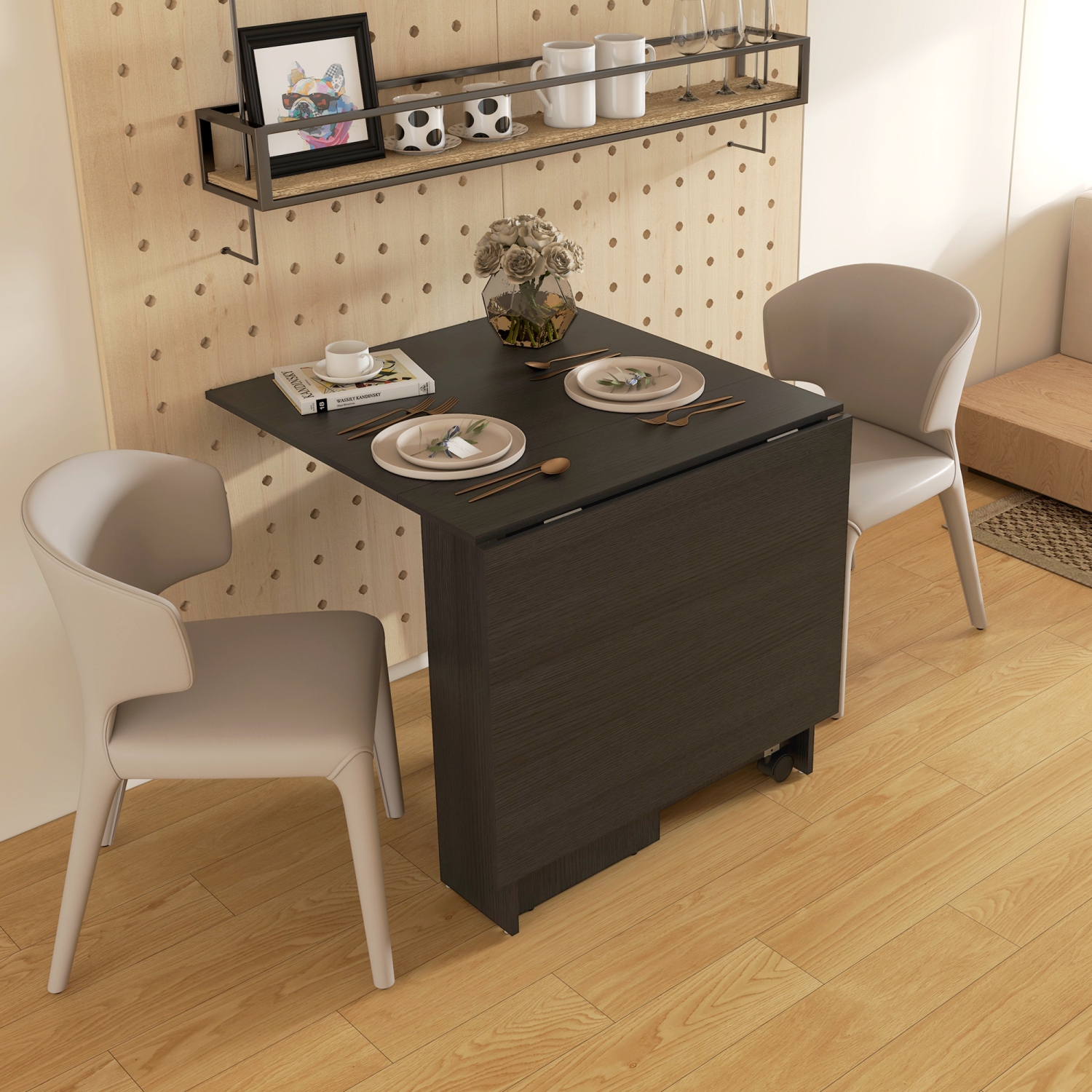 HOMCOM – Table de salle à manger pliante, table à abattant de 55 po pour petits espaces, table pliante avec tablettes de rangement pour cuisine,