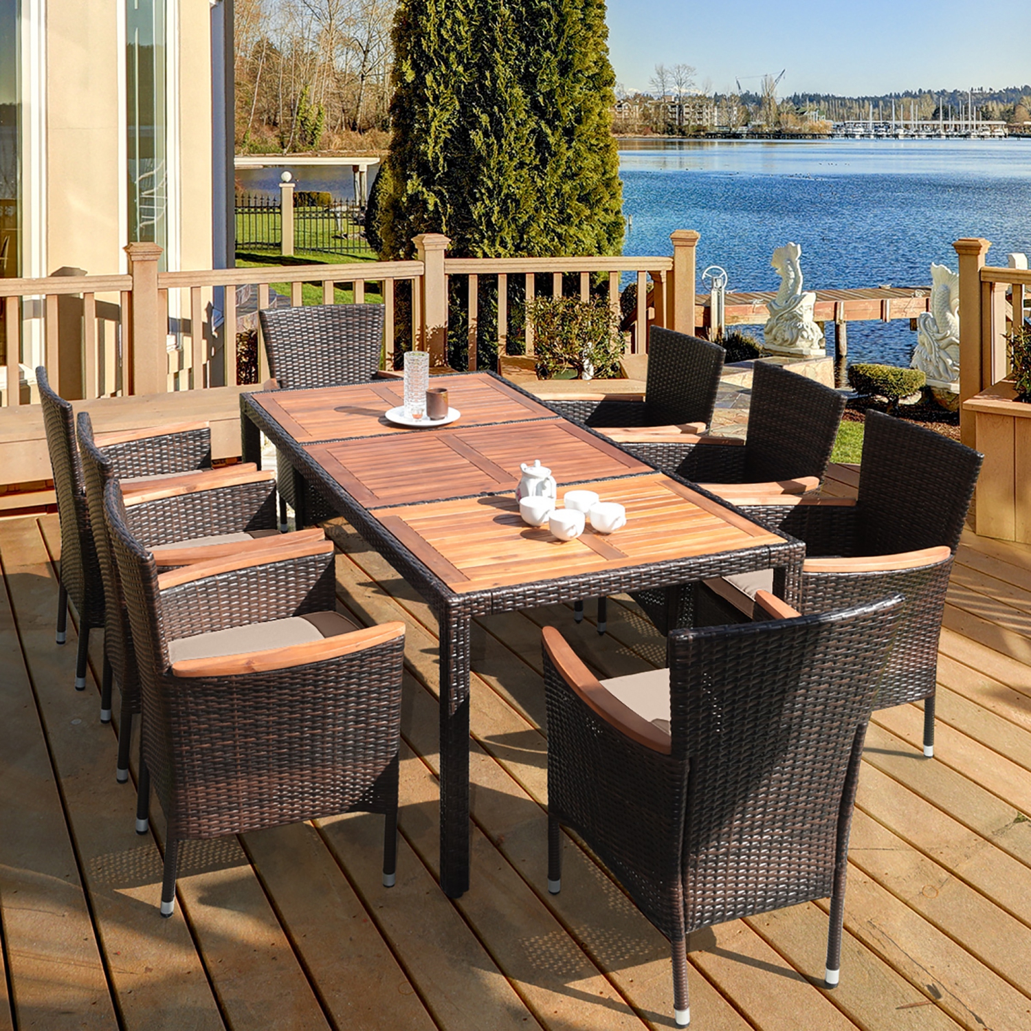 Costway 9PCS Rattan Patio Dining Set With Acacia Table Top & 8 Chairs Cushioned