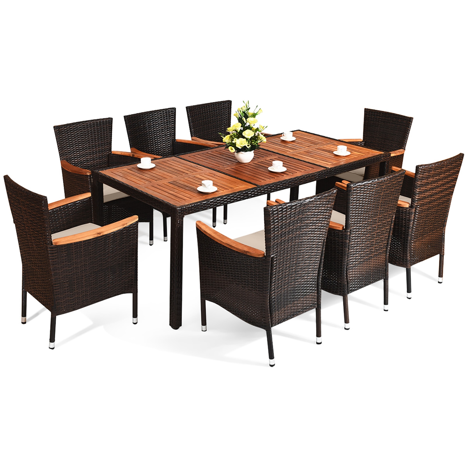 Costway 9PCS Rattan Patio Dining Set With Acacia Table Top & 8 Chairs Cushioned