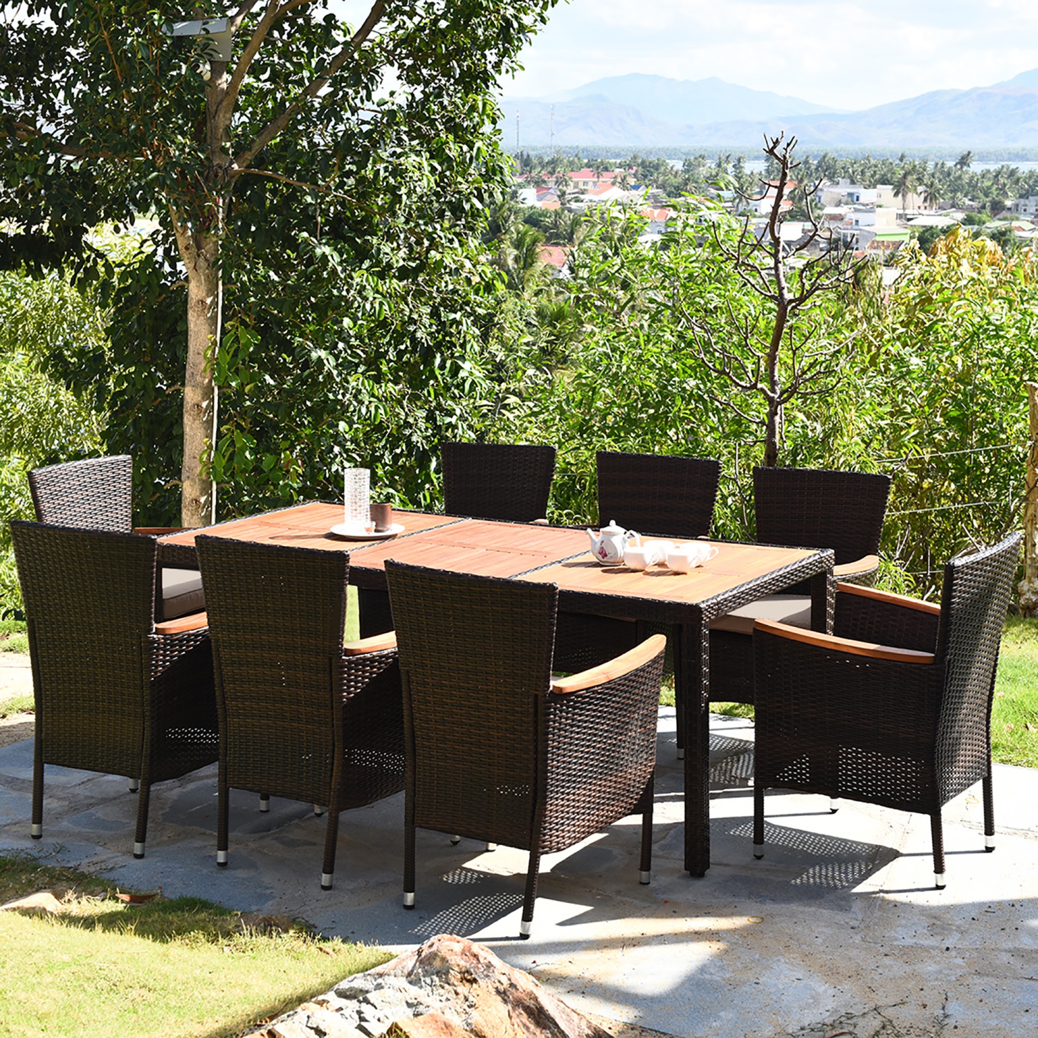 Costway 9PCS Rattan Patio Dining Set With Acacia Table Top & 8 Chairs Cushioned