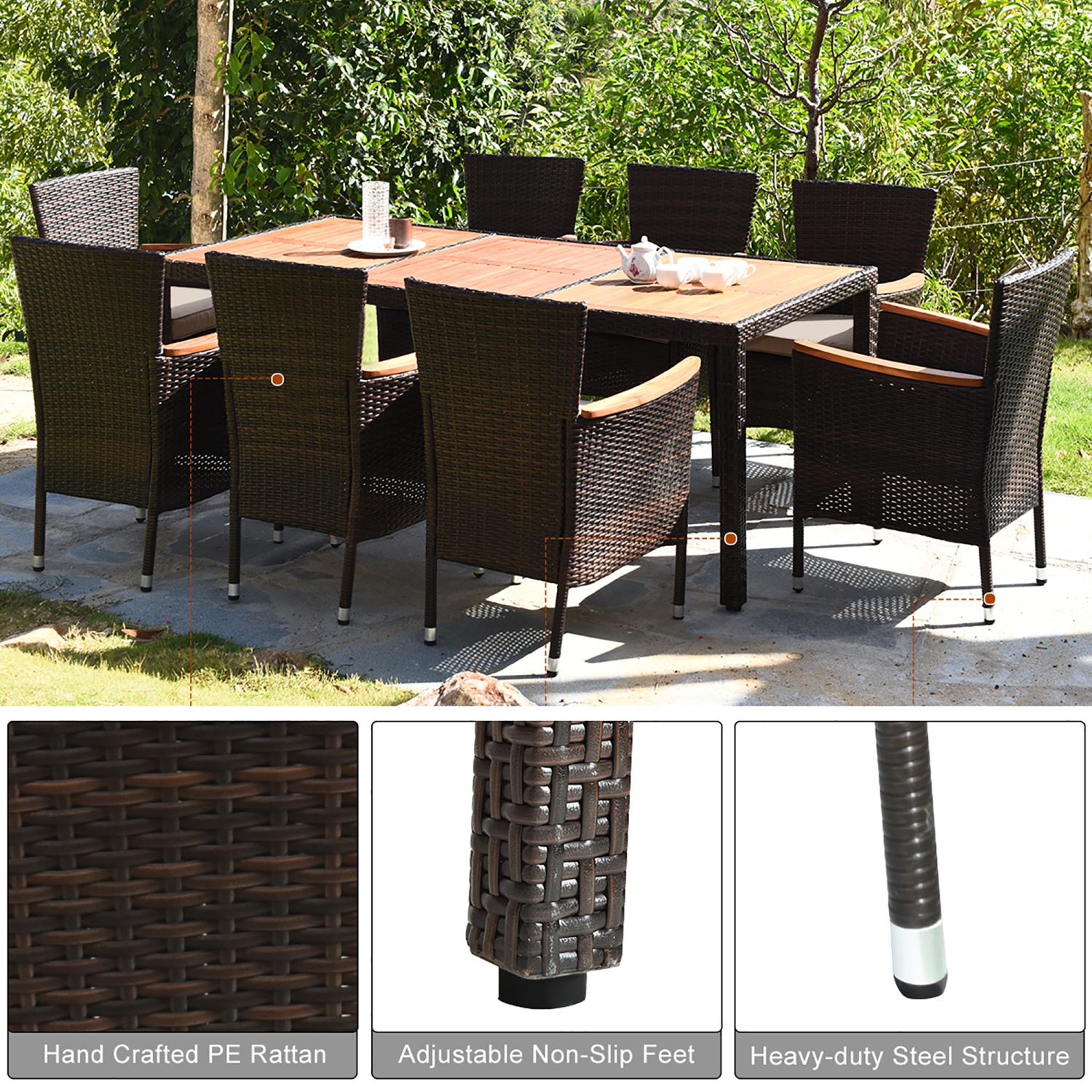 Costway 9PCS Rattan Patio Dining Set With Acacia Table Top & 8 Chairs Cushioned