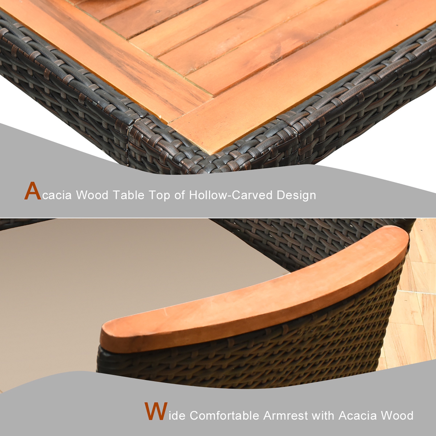 Costway 9PCS Rattan Patio Dining Set With Acacia Table Top & 8 Chairs Cushioned