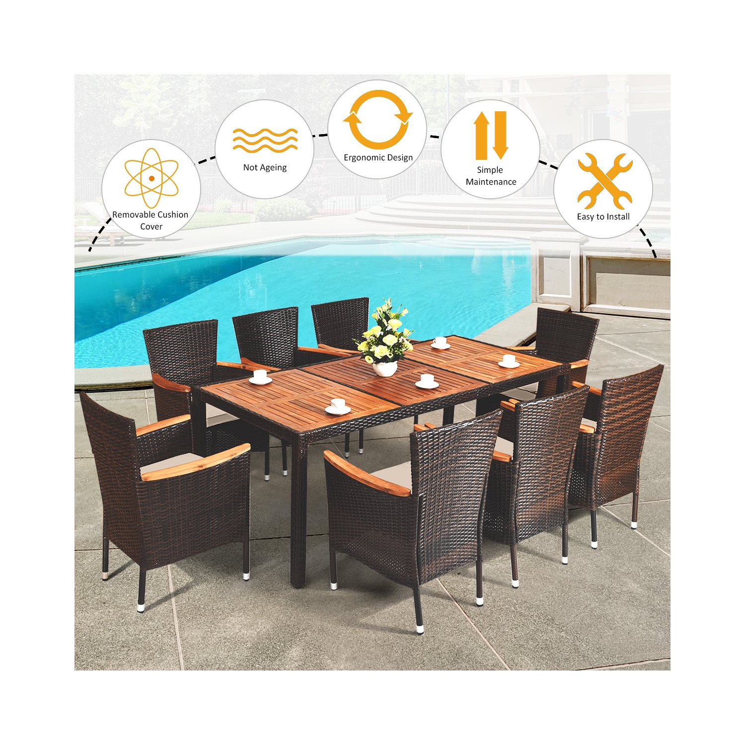 Costway 9PCS Rattan Patio Dining Set With Acacia Table Top & 8 Chairs Cushioned