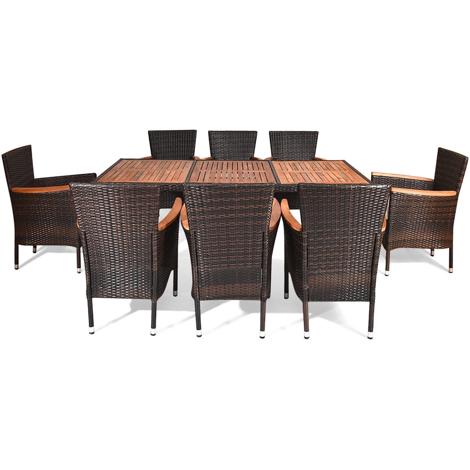 Costway 9PCS Rattan Patio Dining Set With Acacia Table Top & 8 Chairs Cushioned