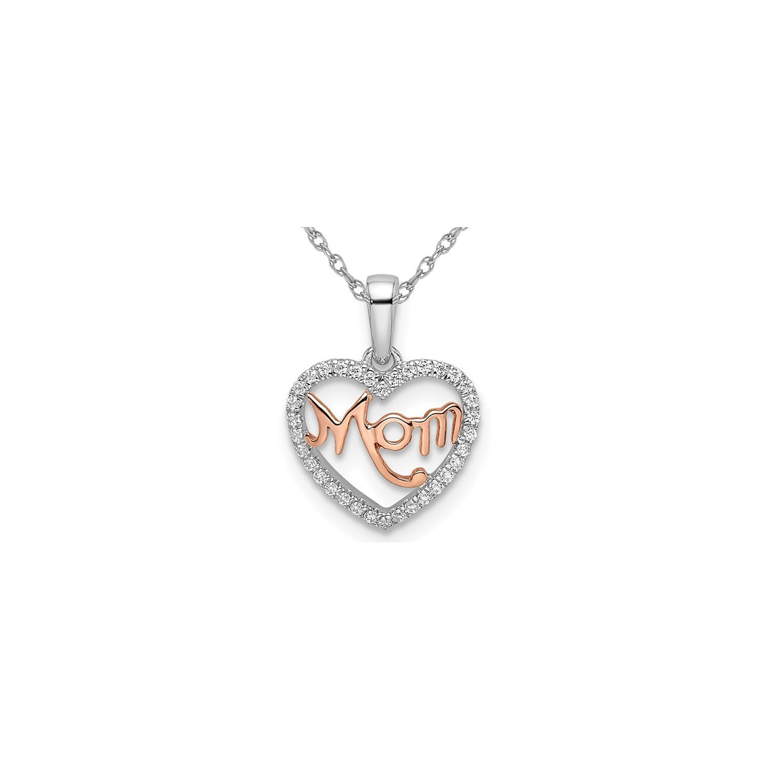 14K White and Pink Gold MOM Heart Pendant Necklace With Chain and Diamonds