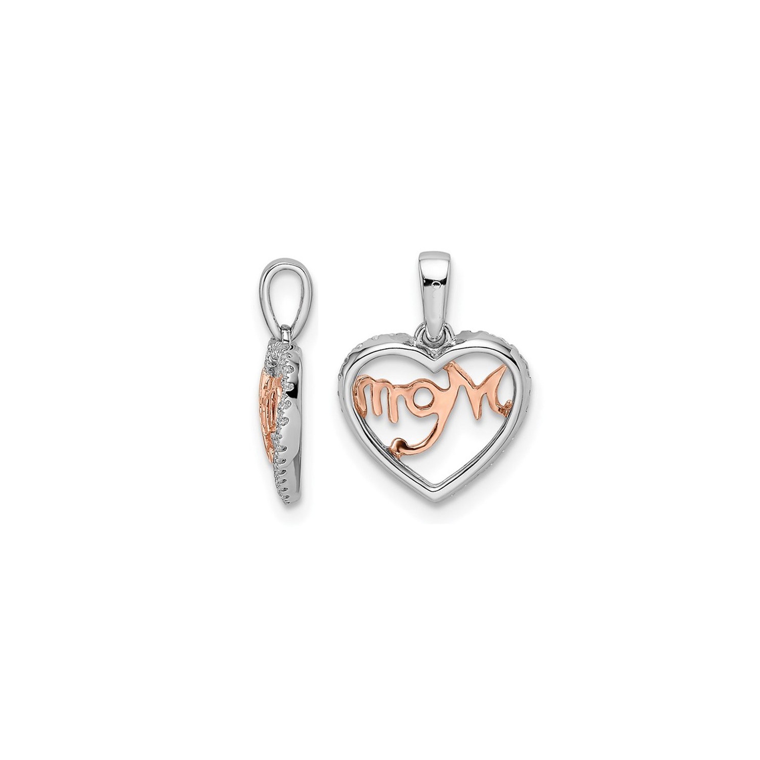 14K White and Pink Gold MOM Heart Pendant Necklace With Chain and Diamonds