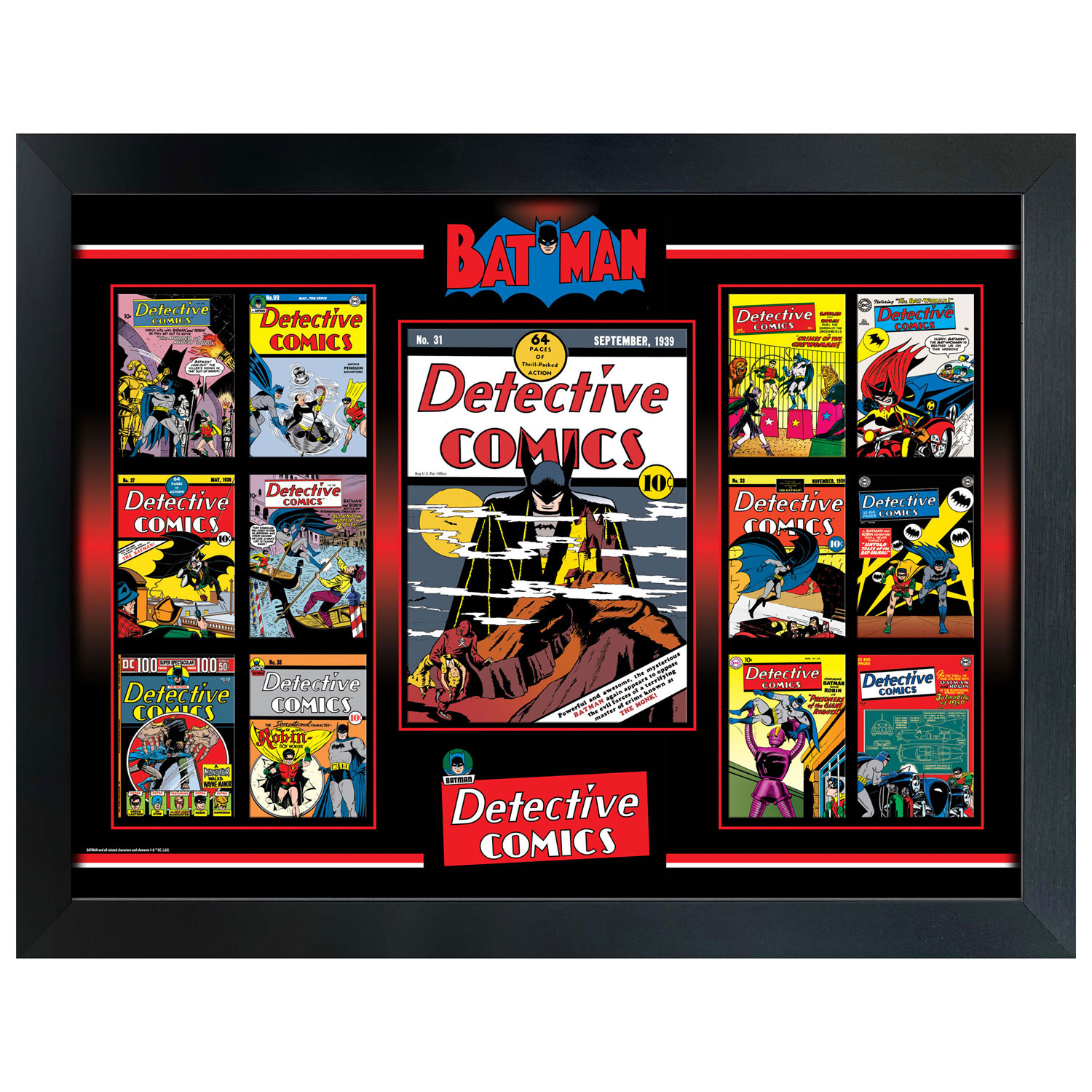 Collage encadré de couvertures rétro de Batman Detective Comics de Frameworth