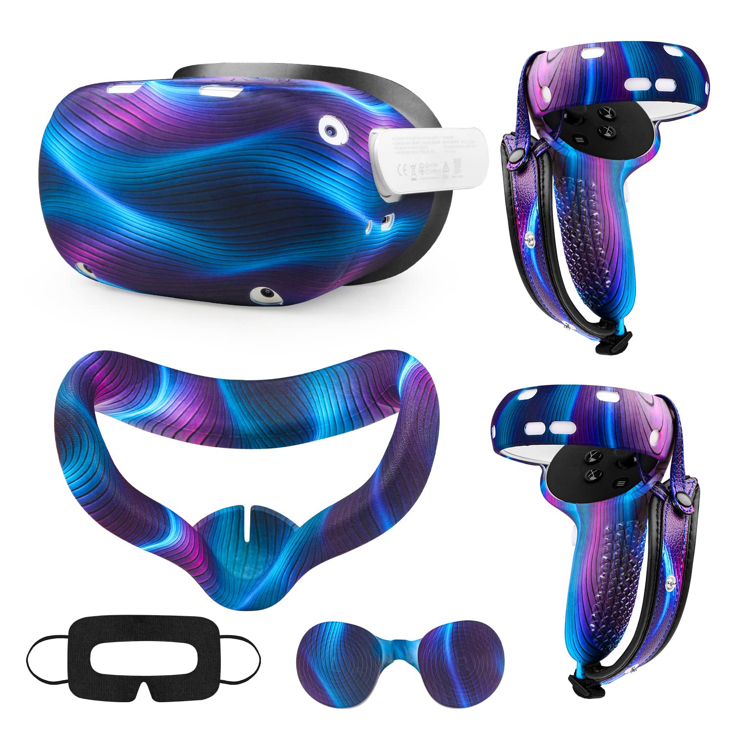 Oculus Quest 2, VR Accessory Set for Meta Quest 2, Include Controller Grip Leather Cover, VR Shell Cover, Face Cover, Lens Cover and Disposable Eye Cover(Aurora Blue)