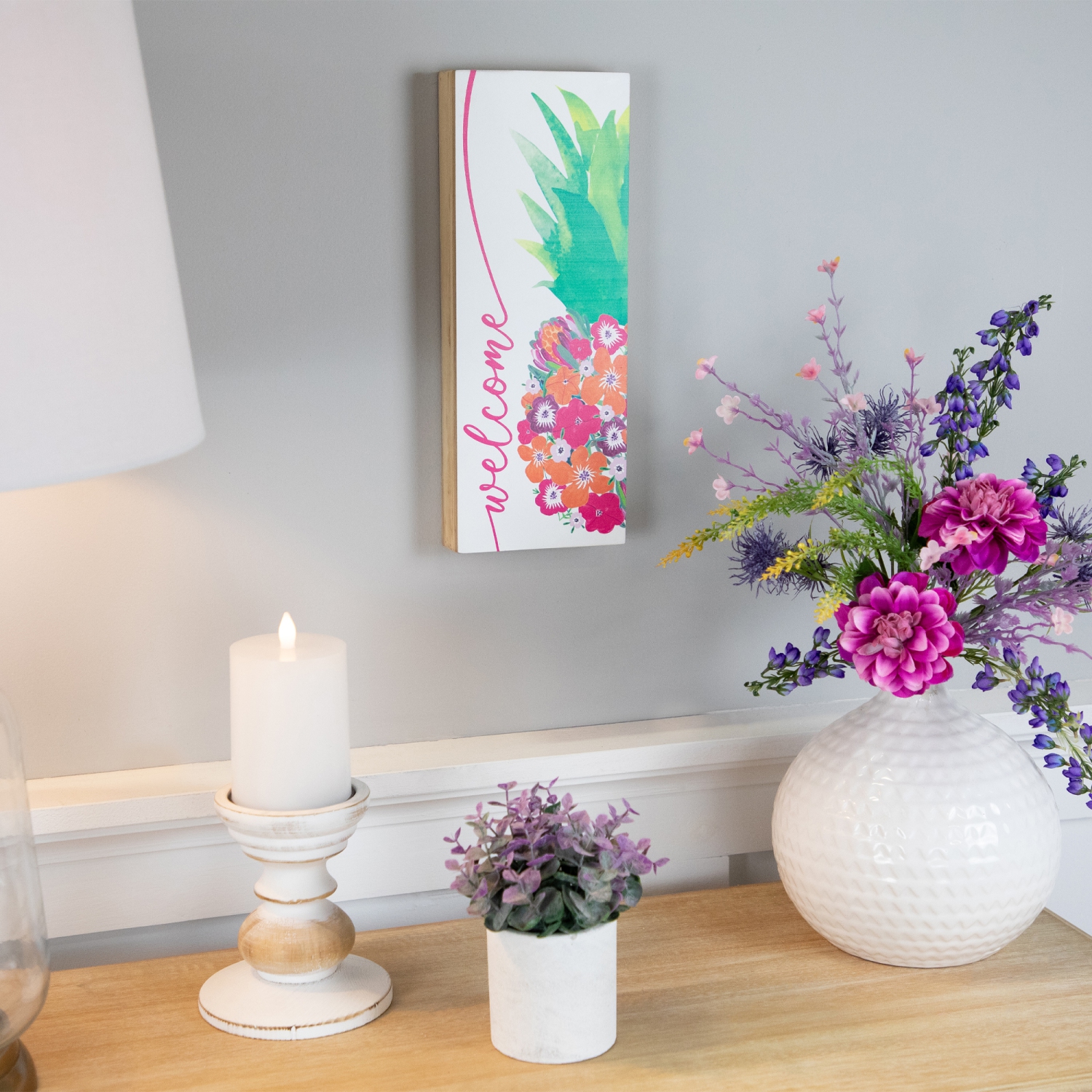 Floral Pineapple Welcome Wooden Wall Sign - 13"