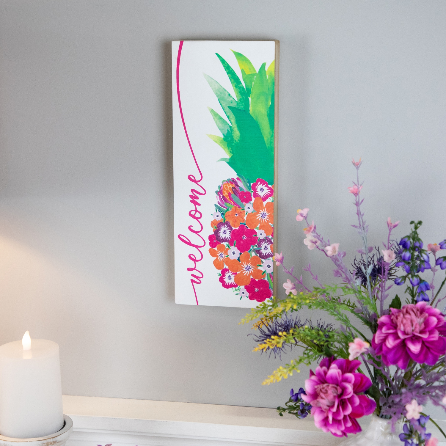 Floral Pineapple Welcome Wooden Wall Sign - 13"