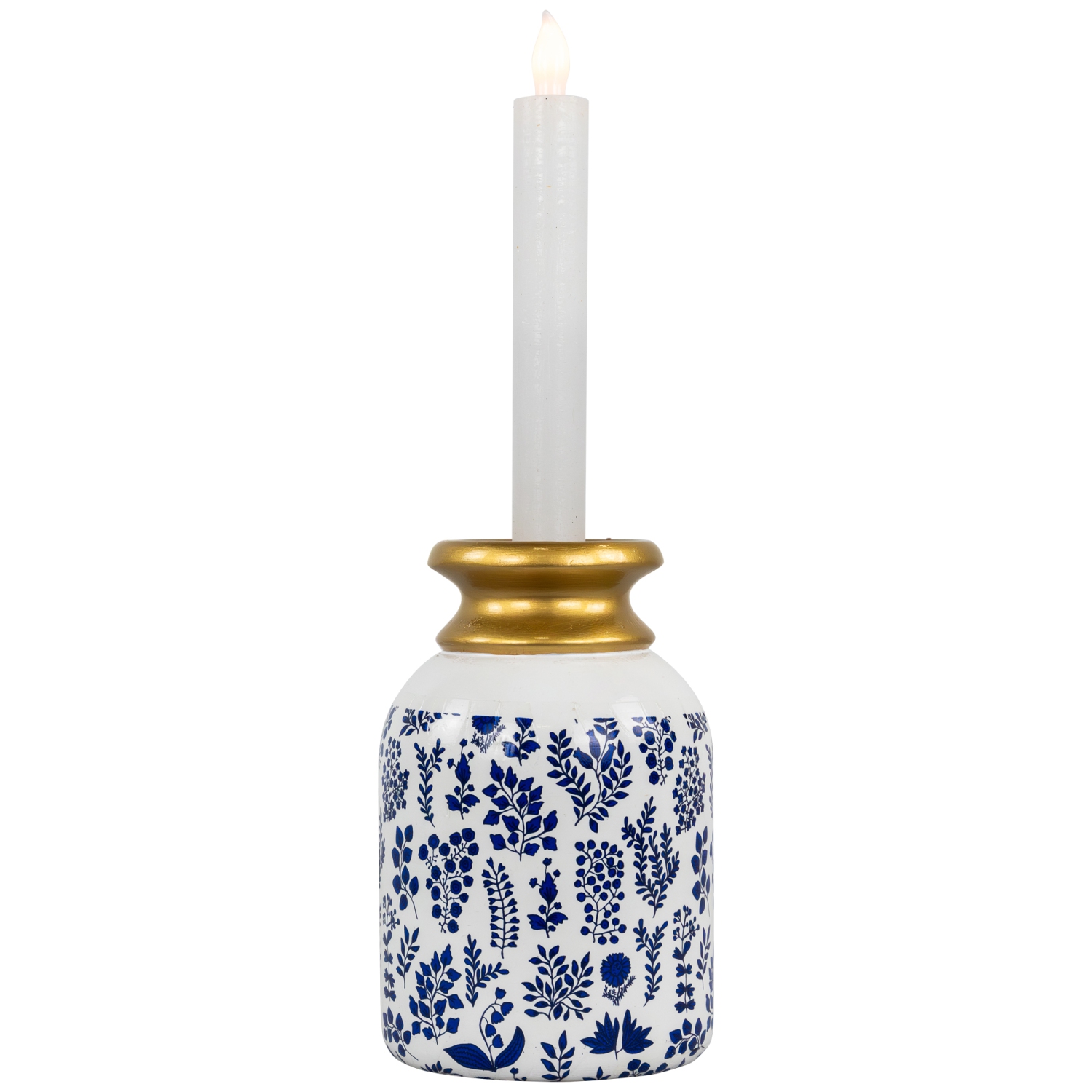 Wooden Floral Taper Candle Holder - 6"- White and Blue