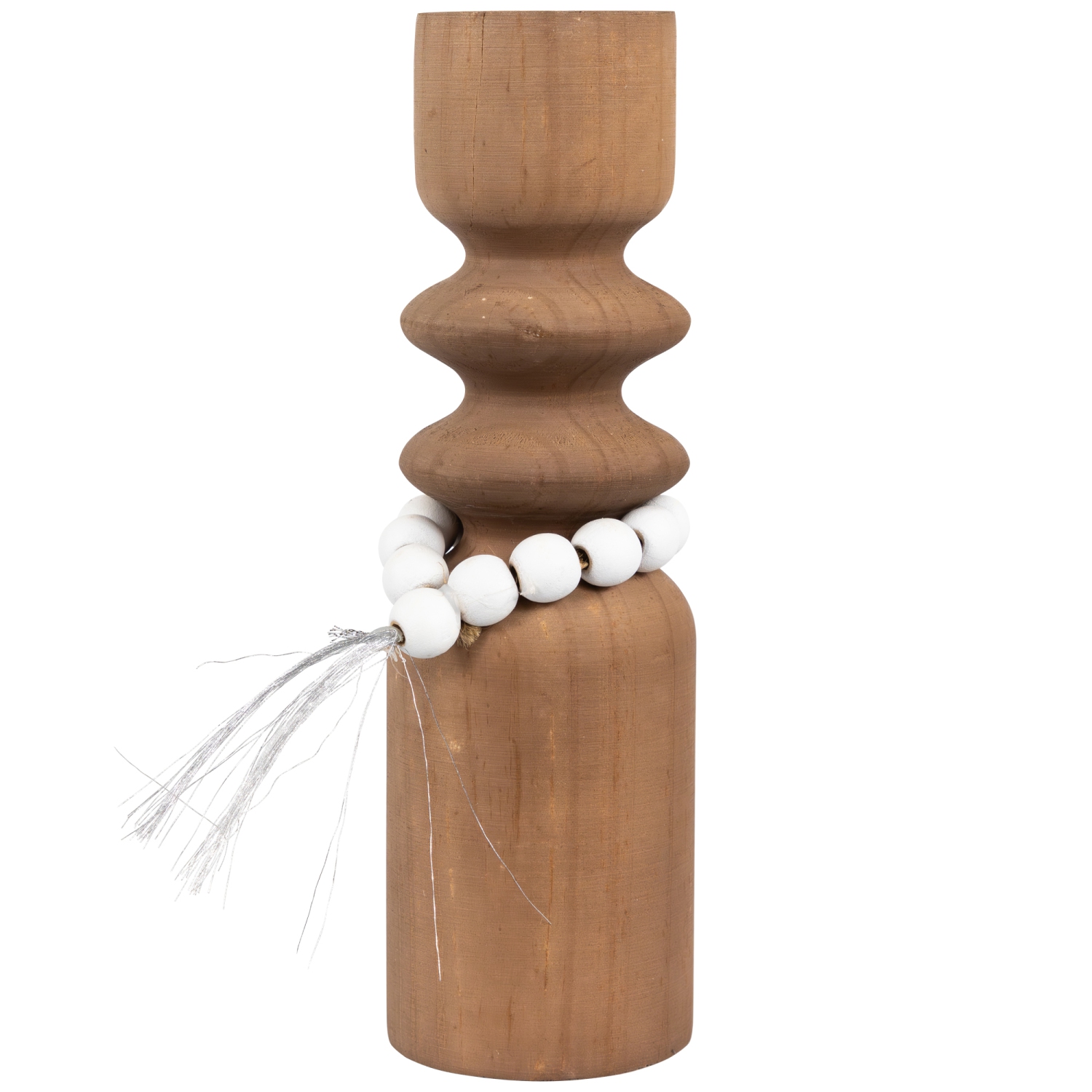 Wooden Tealight Candle Holder with Beaded Tassel - 9.75" - Brown