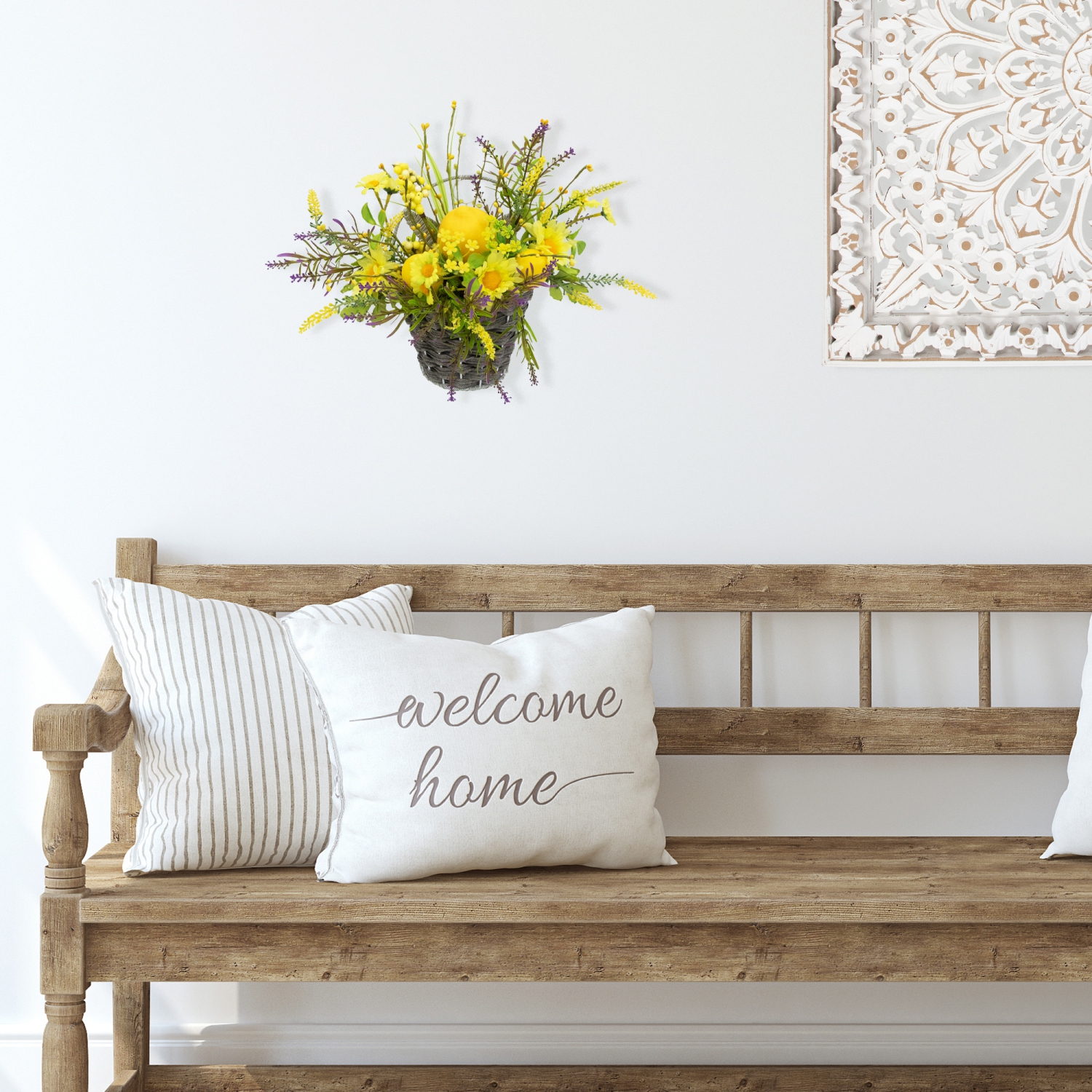 Panier mural à ressort suspendu citron et marguerites - 12 po - Jaune