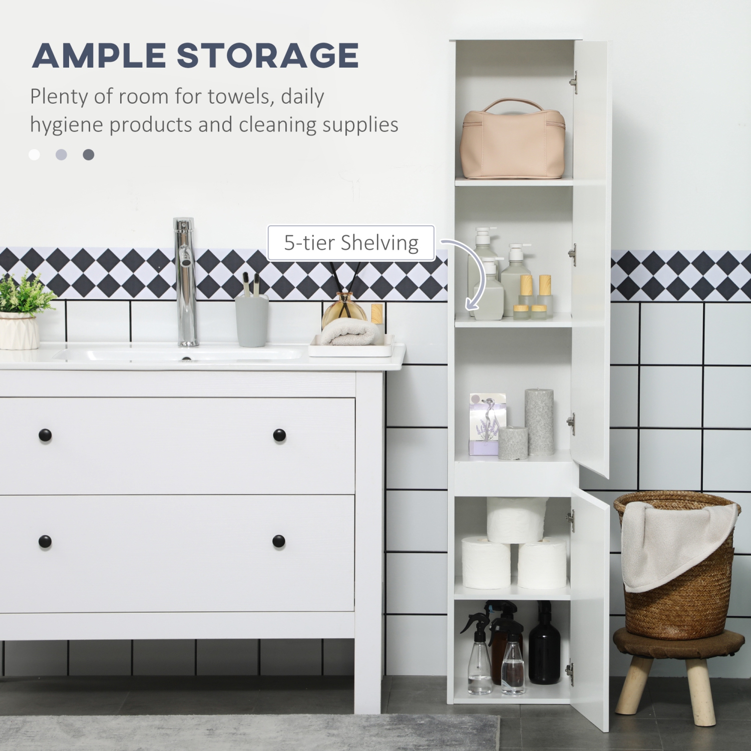 kleankin Narrow Bathroom Cabinet, Tall Bathroom Storage Cabinet with Adjustable Shelves, 5-Tier Slim Floor Cabinet with Built-in Finger Pull,