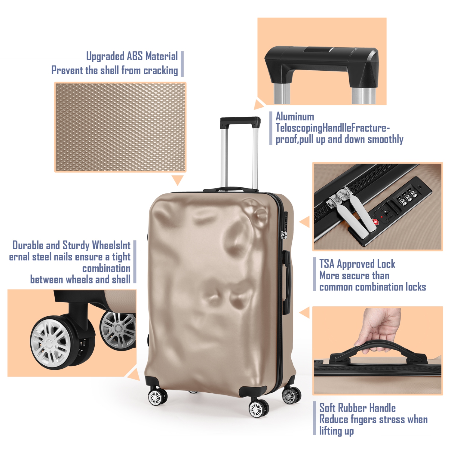 Ensemble de 3 valises de voyage à roulettes pivotantes HIKOLAYAE avec coque rigide et verrou TSA, champagne