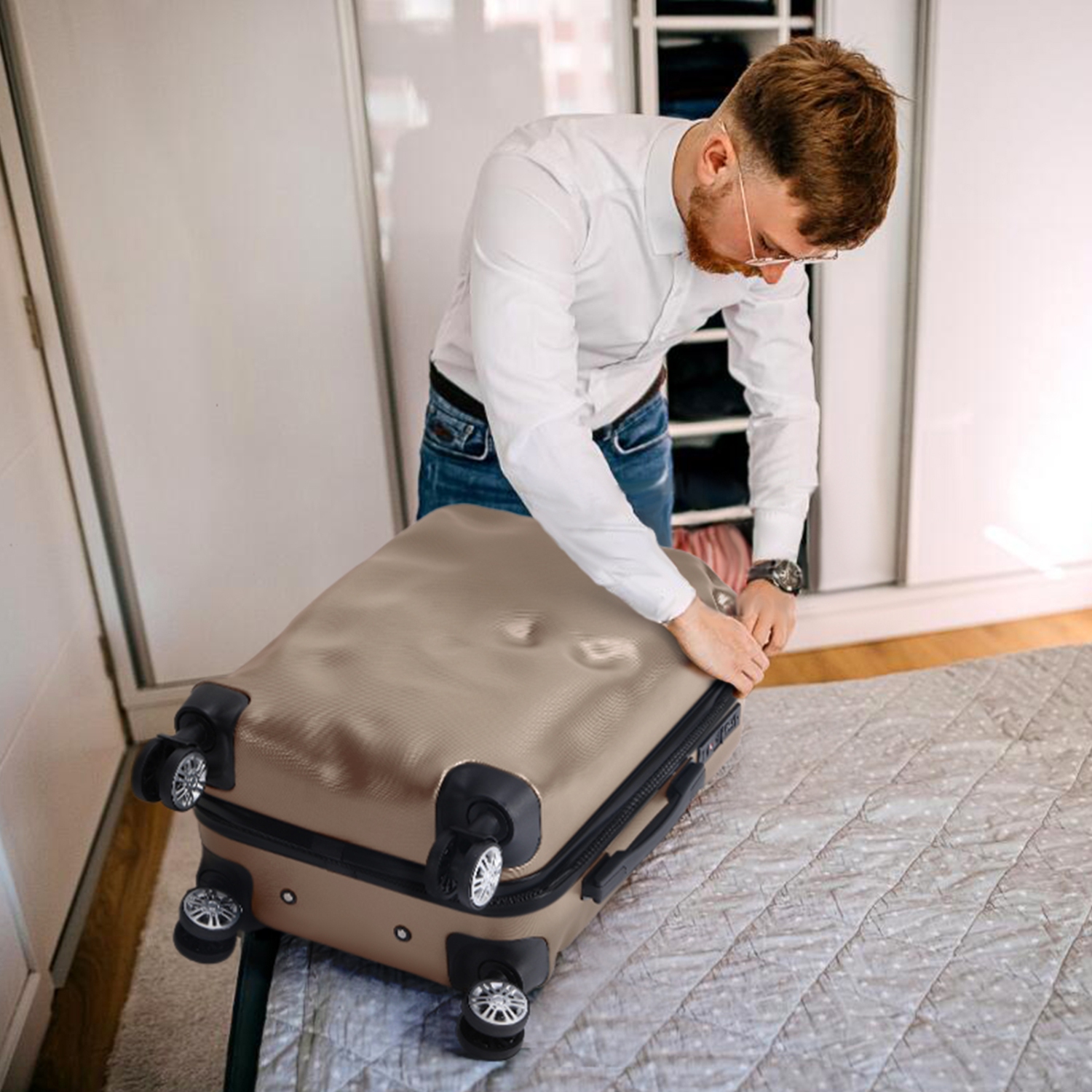 Ensemble de 3 valises de voyage à roulettes pivotantes HIKOLAYAE avec coque rigide et verrou TSA, champagne