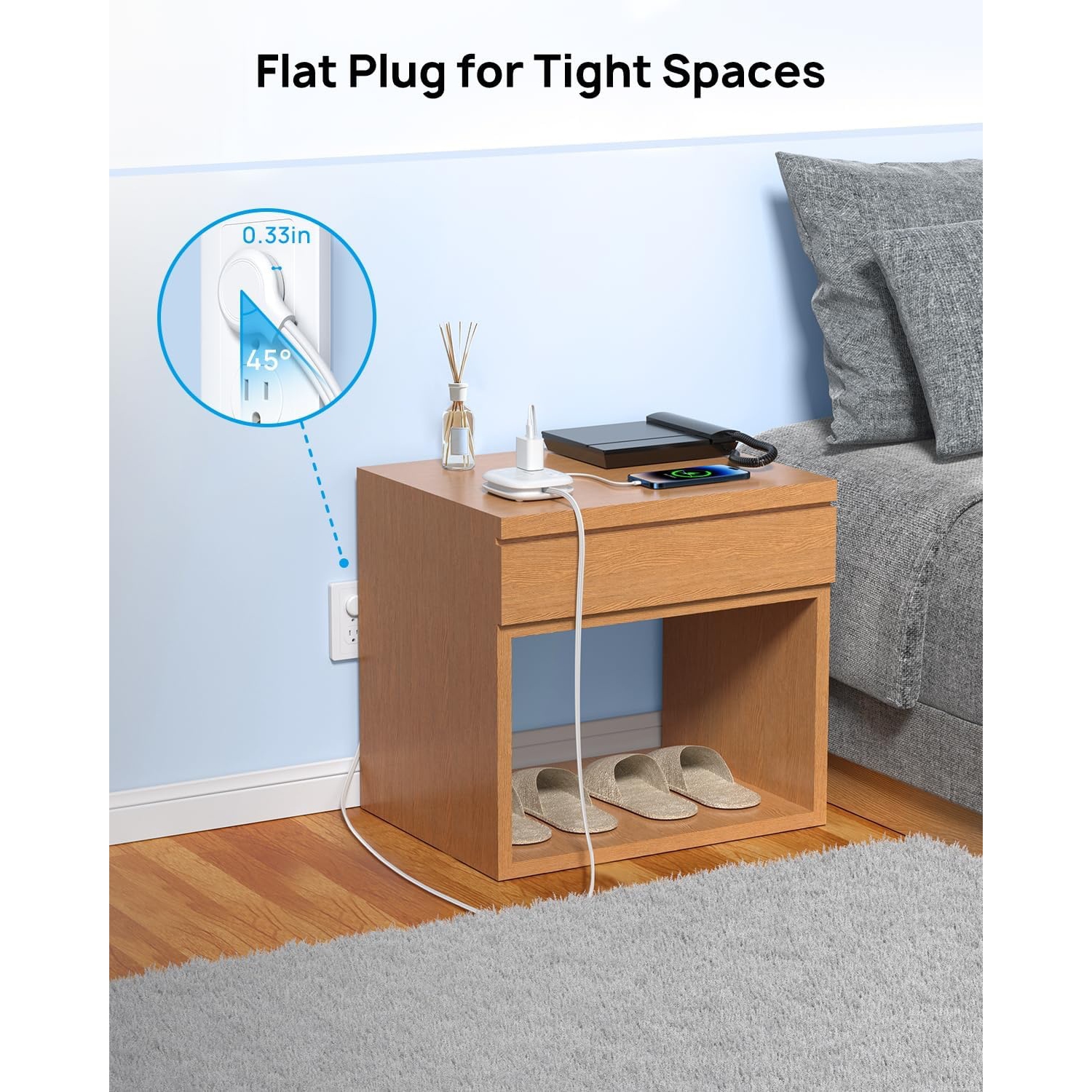Flat Plug Power Bar with 2 USB C, Ultra-Thin Extension Cord Wrapped Around, 3 Widely Spaced Outlets Extender USB Ports, 2.6ft Small Desk Power Strip
