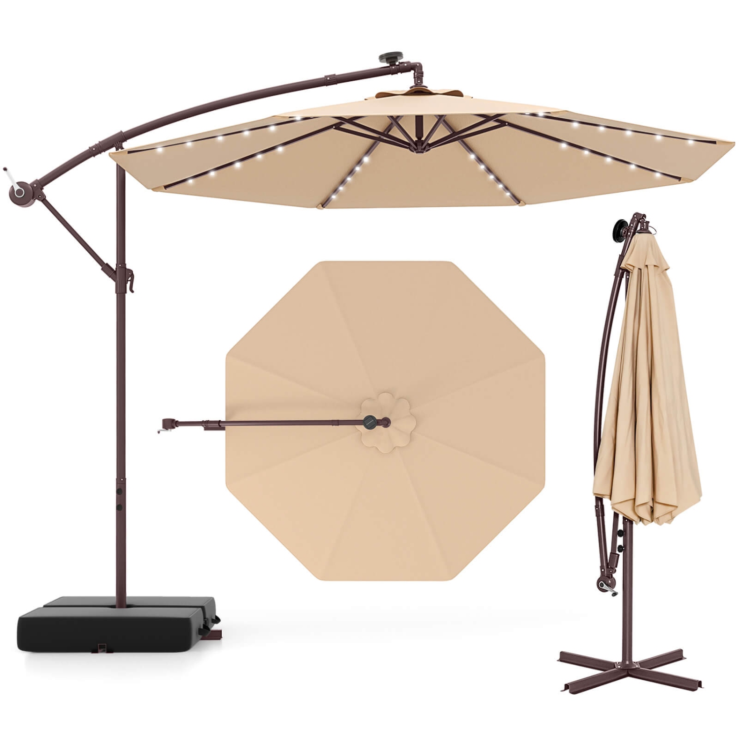 Costway – Parapluie suspendu 32 lampes à DEL pour patio 10FT, base croisée pour l’extérieur