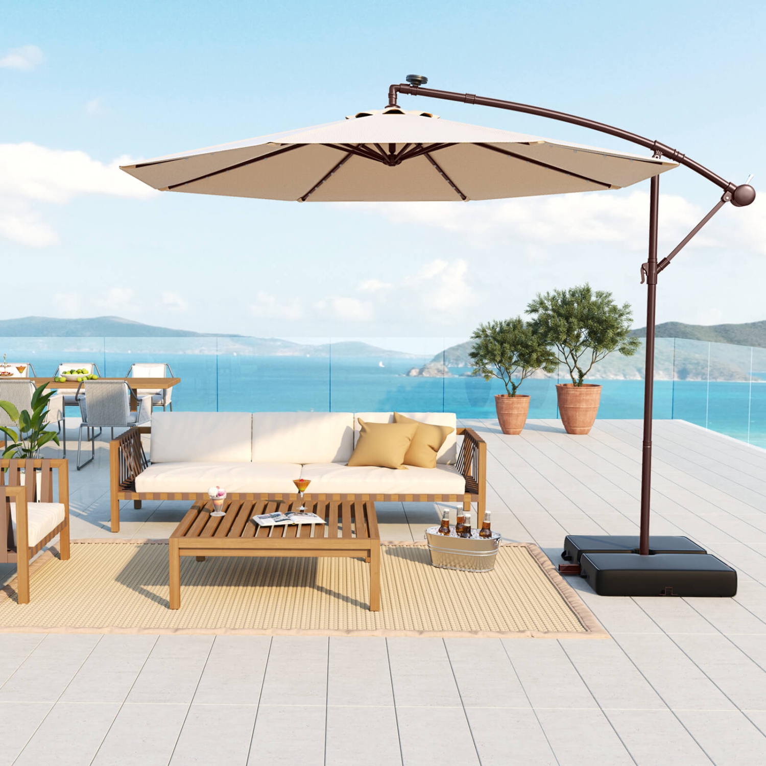 Costway – Parapluie suspendu 32 lampes à DEL pour patio 10FT, base croisée pour l’extérieur