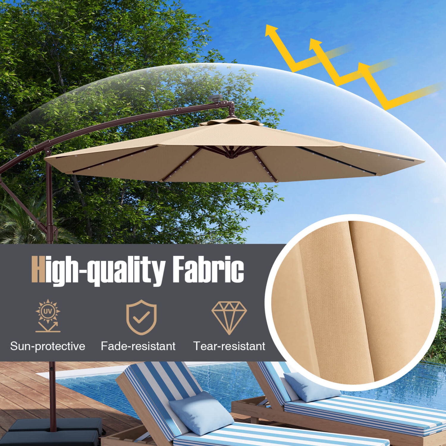 Costway – Parapluie suspendu 32 lampes à DEL pour patio 10FT, base croisée pour l’extérieur