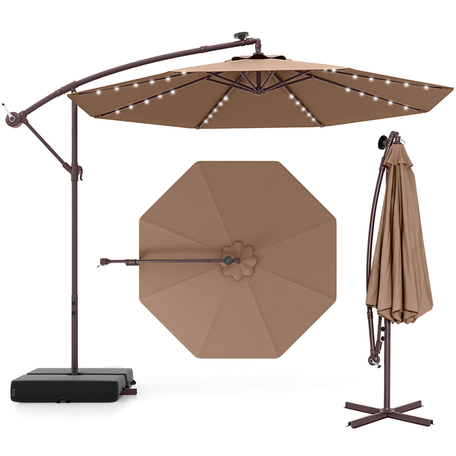 Costway – Parapluie suspendu 32 lampes à DEL pour patio 10FT, base croisée pour l’extérieur