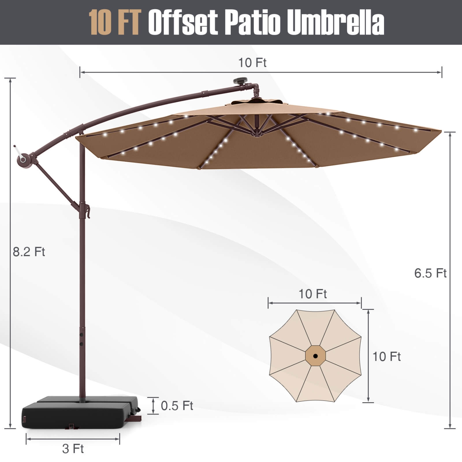 Costway – Parapluie suspendu 32 lampes à DEL pour patio 10FT, base croisée pour l’extérieur