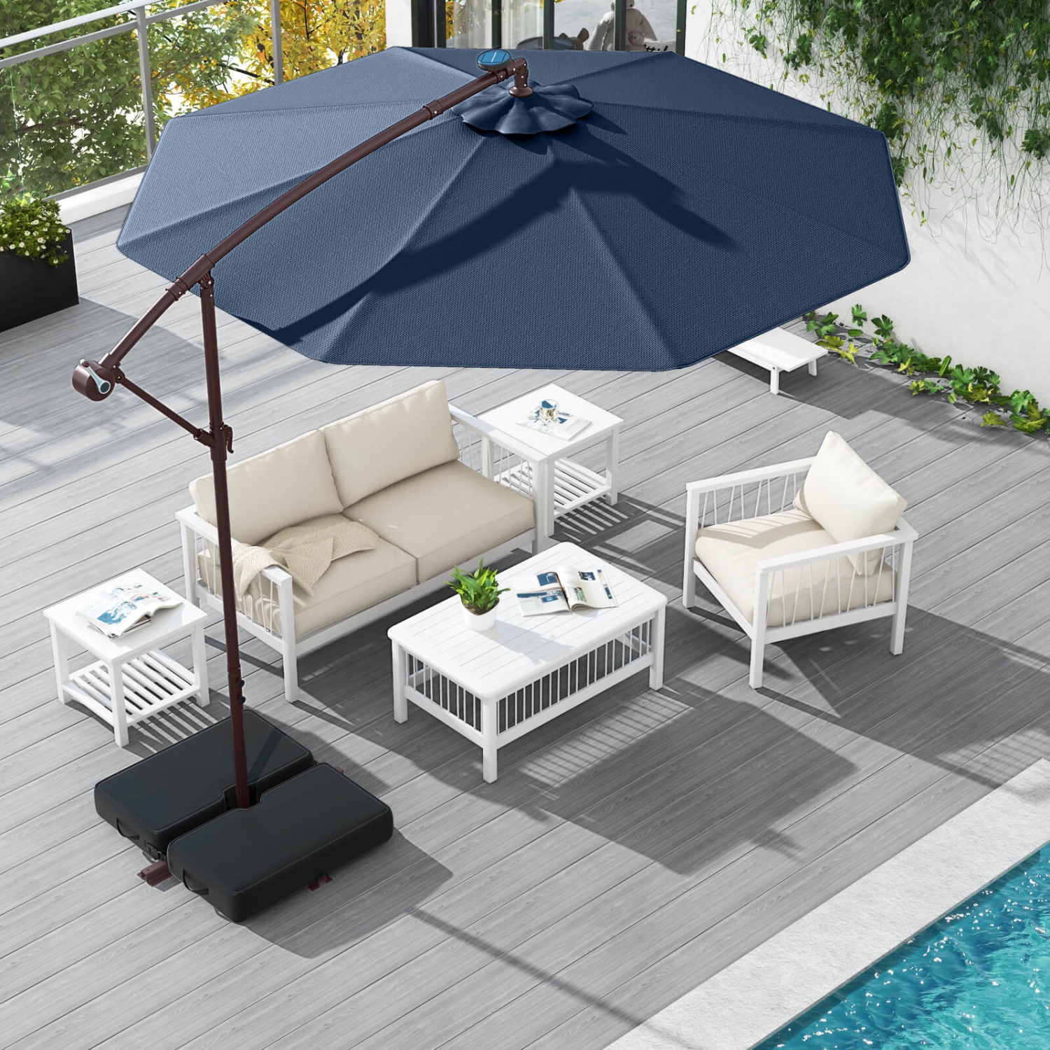 Costway – Parapluie suspendu 32 lampes à DEL pour patio 10FT, base croisée pour l’extérieur