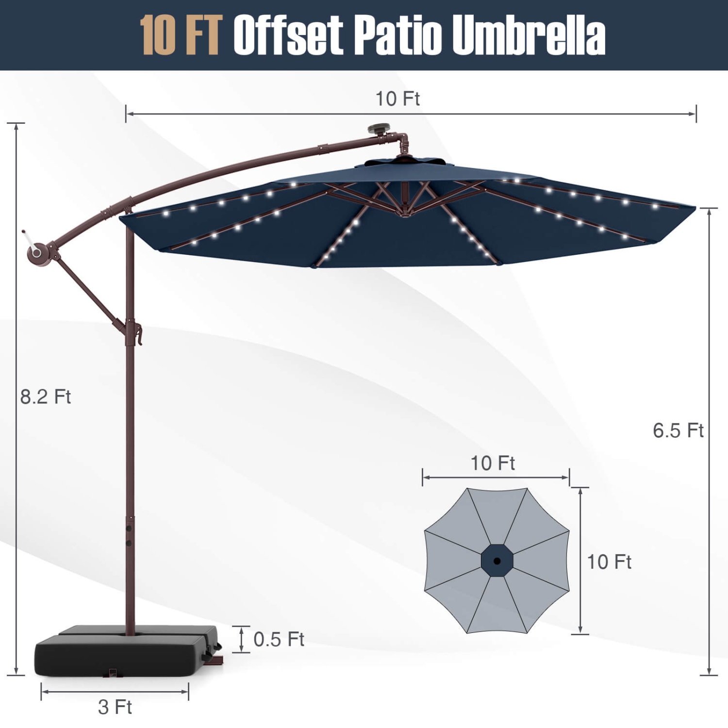 Costway – Parapluie suspendu 32 lampes à DEL pour patio 10FT, base croisée pour l’extérieur