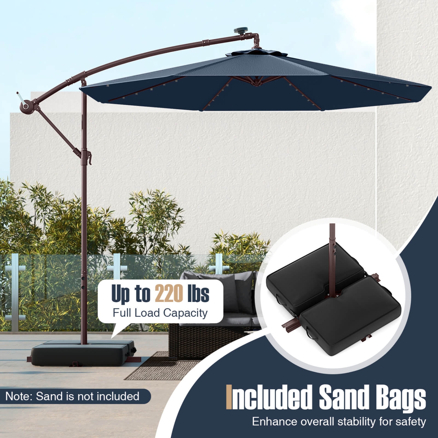 Costway – Parapluie suspendu 32 lampes à DEL pour patio 10FT, base croisée pour l’extérieur