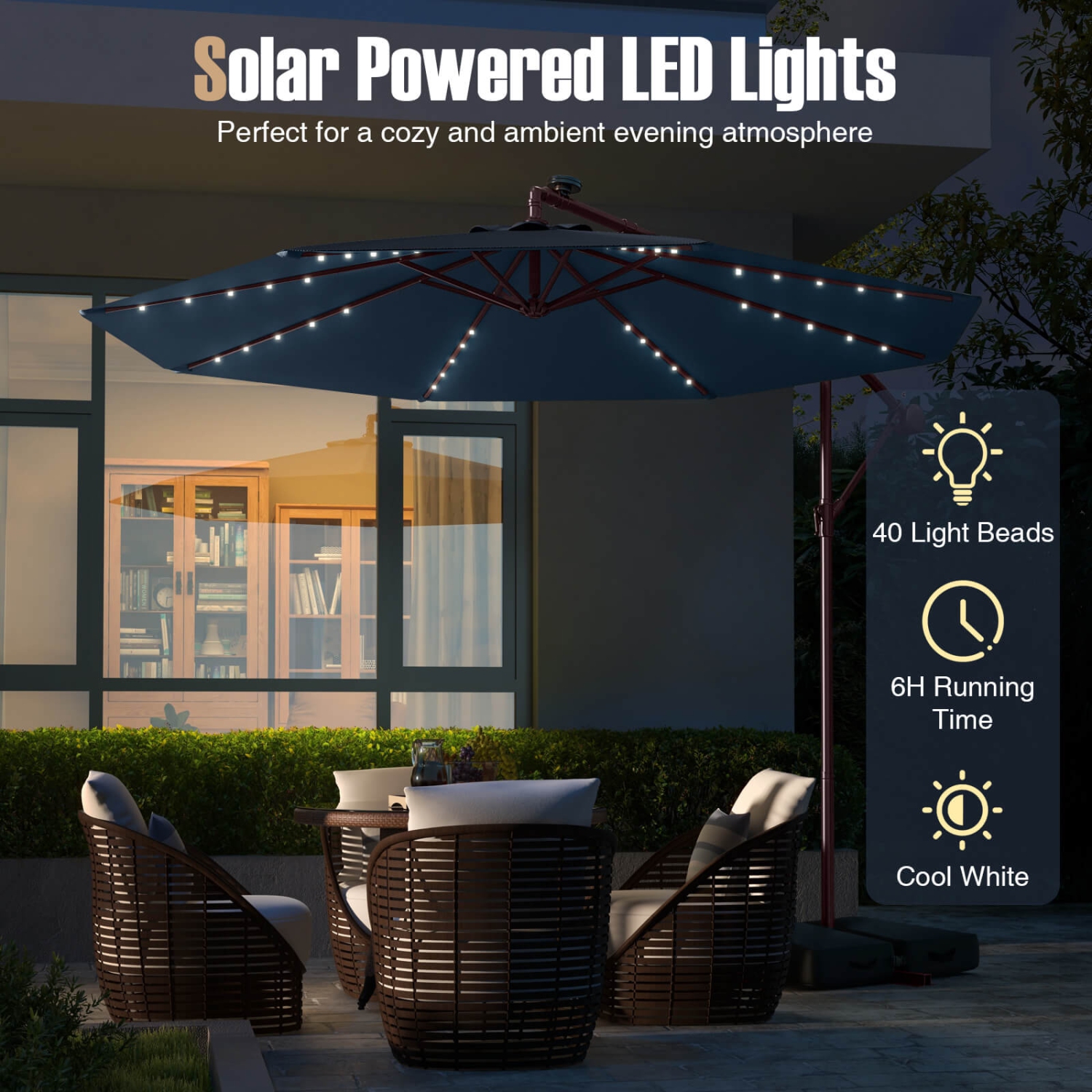 Costway – Parapluie suspendu 32 lampes à DEL pour patio 10FT, base croisée pour l’extérieur