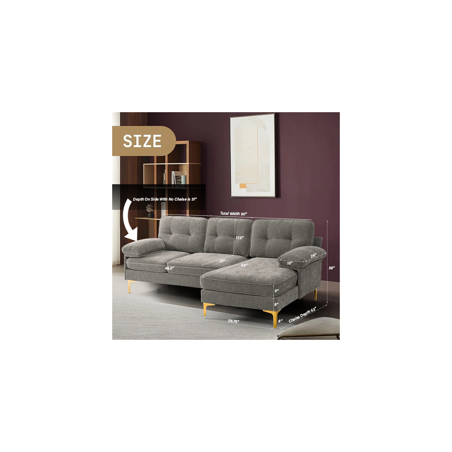 Infinite Imports – 8585 Sectional Sofa With Gold Accent Legs