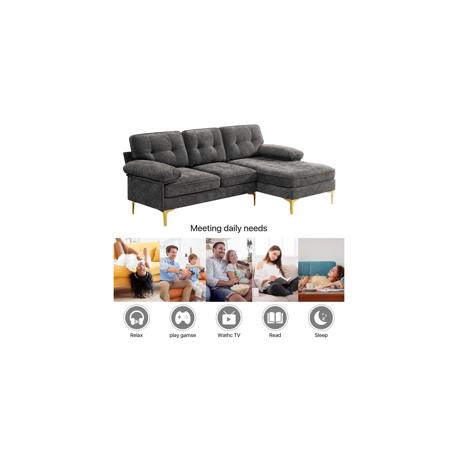 Infinite Imports – 8585 Sectional Sofa With Gold Accent Legs
