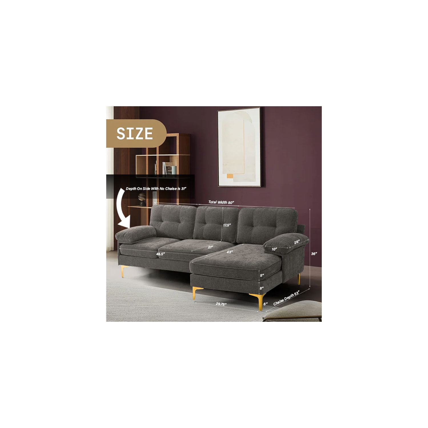 Infinite Imports – 8585 Sectional Sofa With Gold Accent Legs