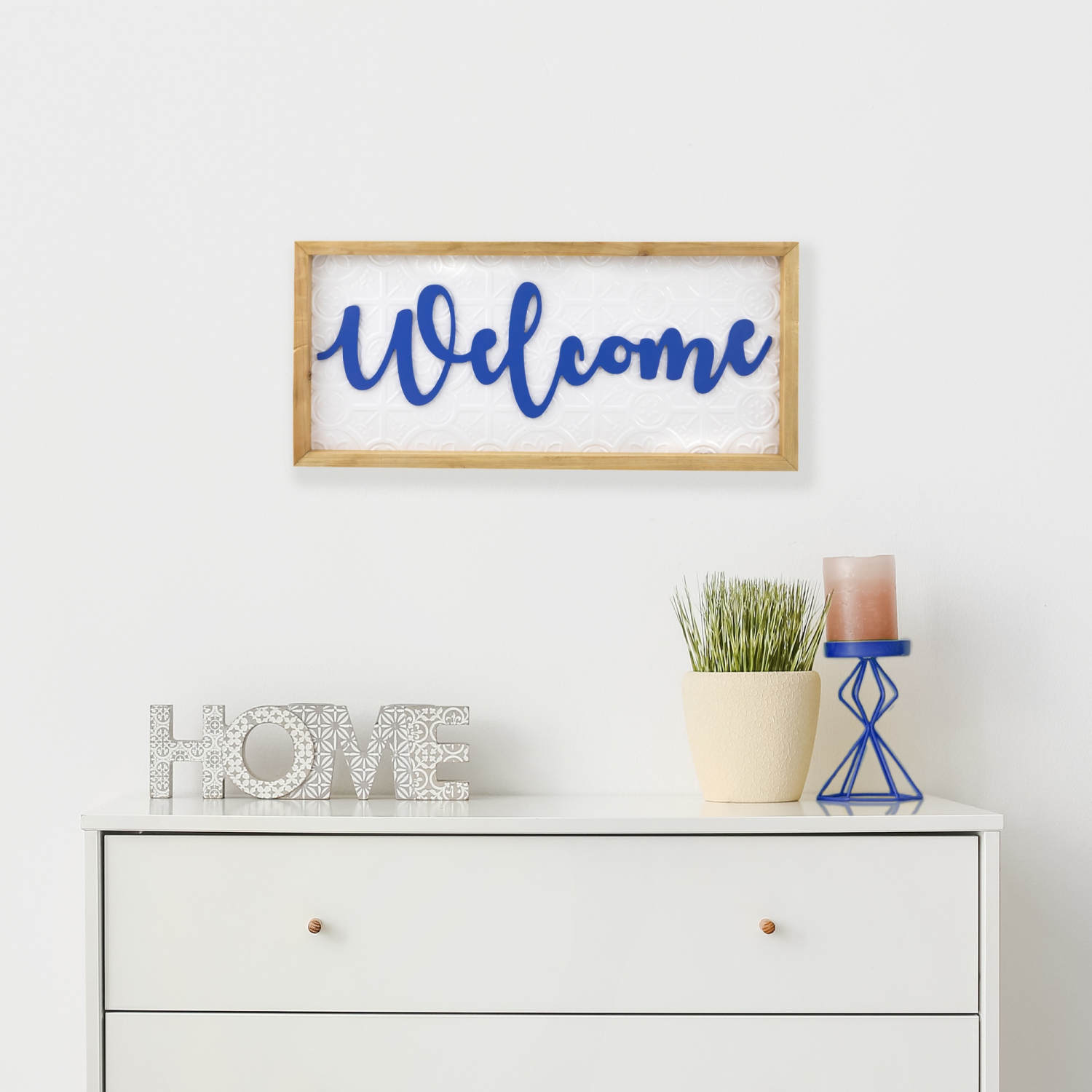 Affiche murale encadrée « Welcome » - 20 po - blanc et bleu