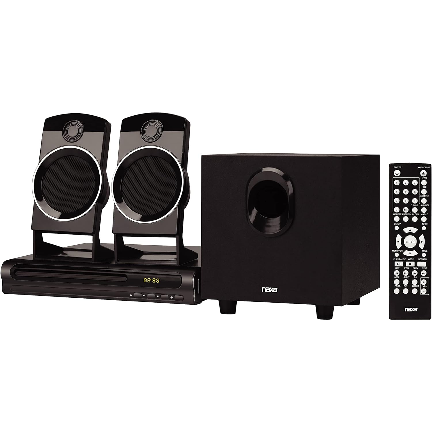 Système de haut-parleurs Naxa ND-863 2,1 canaux pour cinéma maison avec lecteur DVD