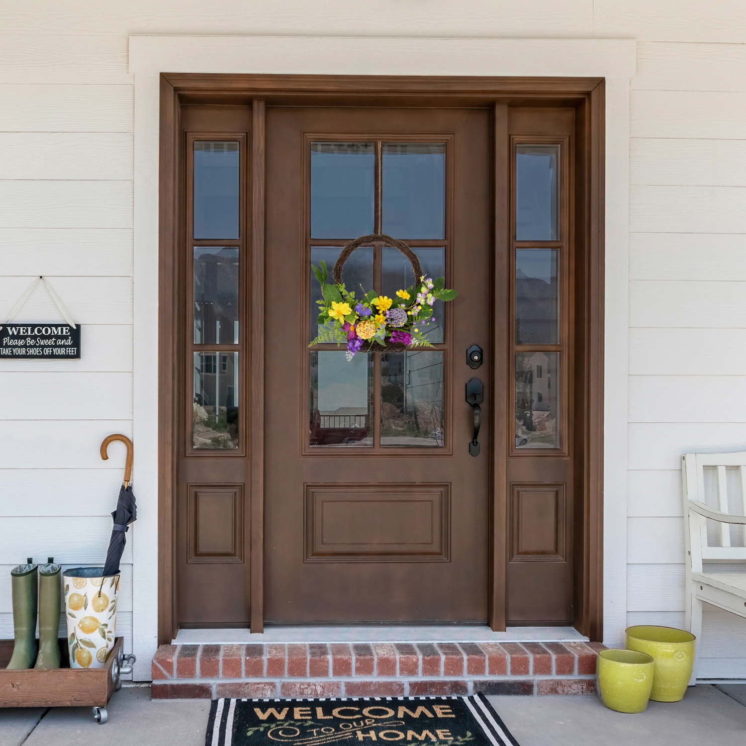 Panier mural suspendu à ressort, fleurs sauvages et feuillage, 16 po