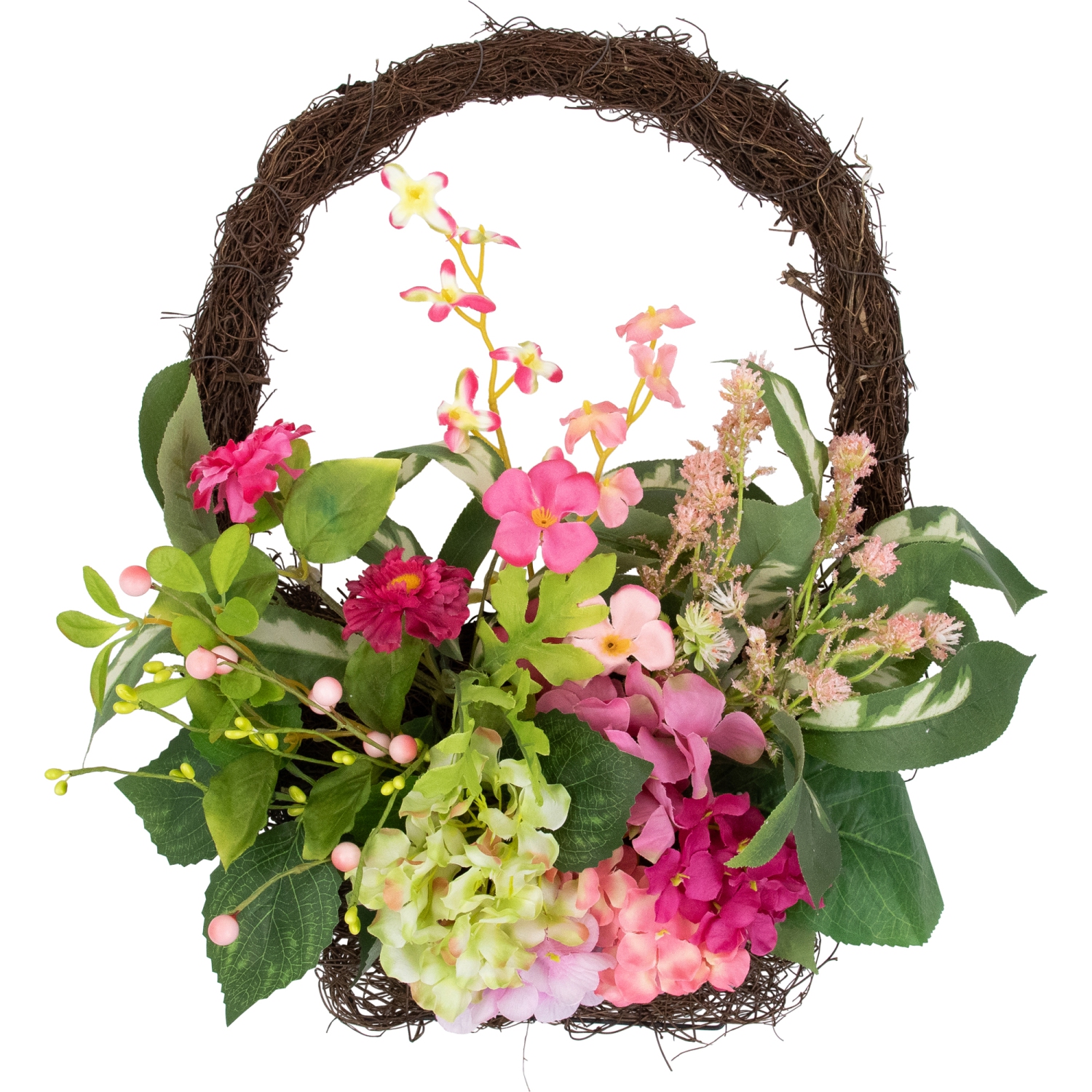 Leafy Hydrangea Floral Spring Hanging Basket - 16" - Pink