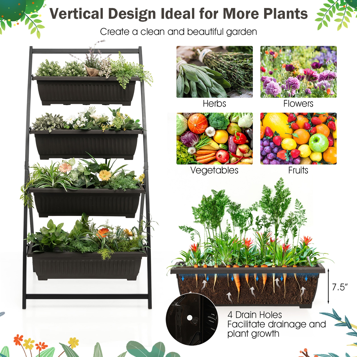 Costway 2PCS 5 FT 4-Tier Vertical Raised Garden Bed Elevated Planter w/4 Container Boxes