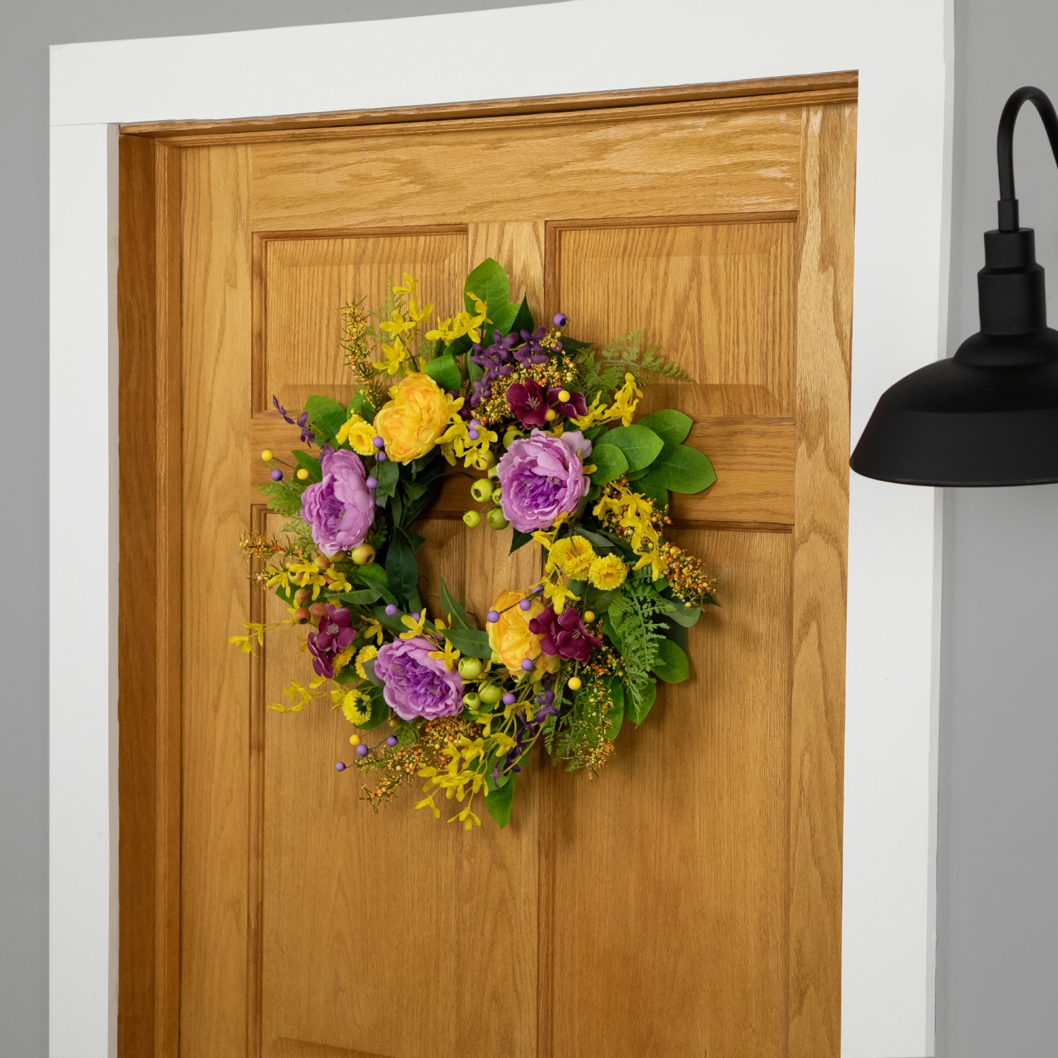 Peonies and Forsythia Spring Wreath - 24" - Yellow and Purple
