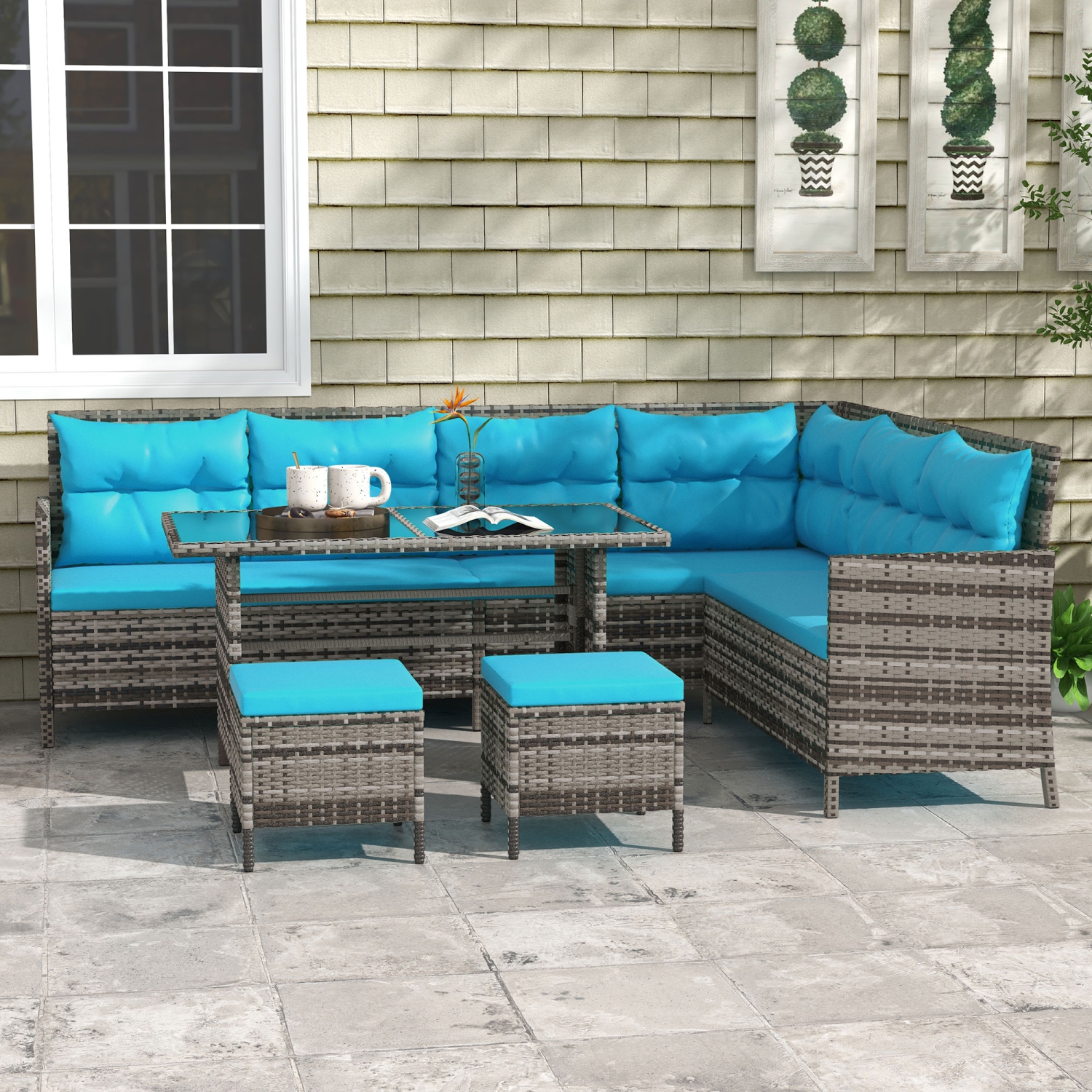 Ensemble patio de 6 pièces en osier avec mobilier d'extérieur en osier et mobilier de jardin, ensemble de sofa modulaire en rotin avec coussins,
