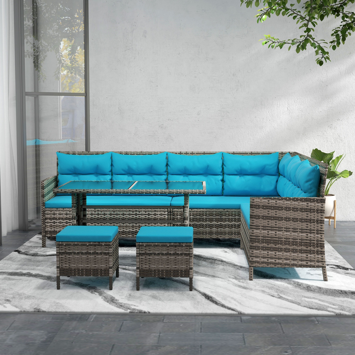 Ensemble patio de 6 pièces en osier avec mobilier d'extérieur en osier et mobilier de jardin, ensemble de sofa modulaire en rotin avec coussins,