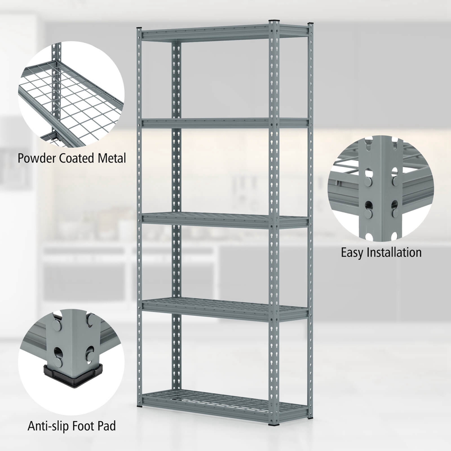 Étagère de rangement robuste à 5 tablettes de Costway avec dispositif antibasculement, gris