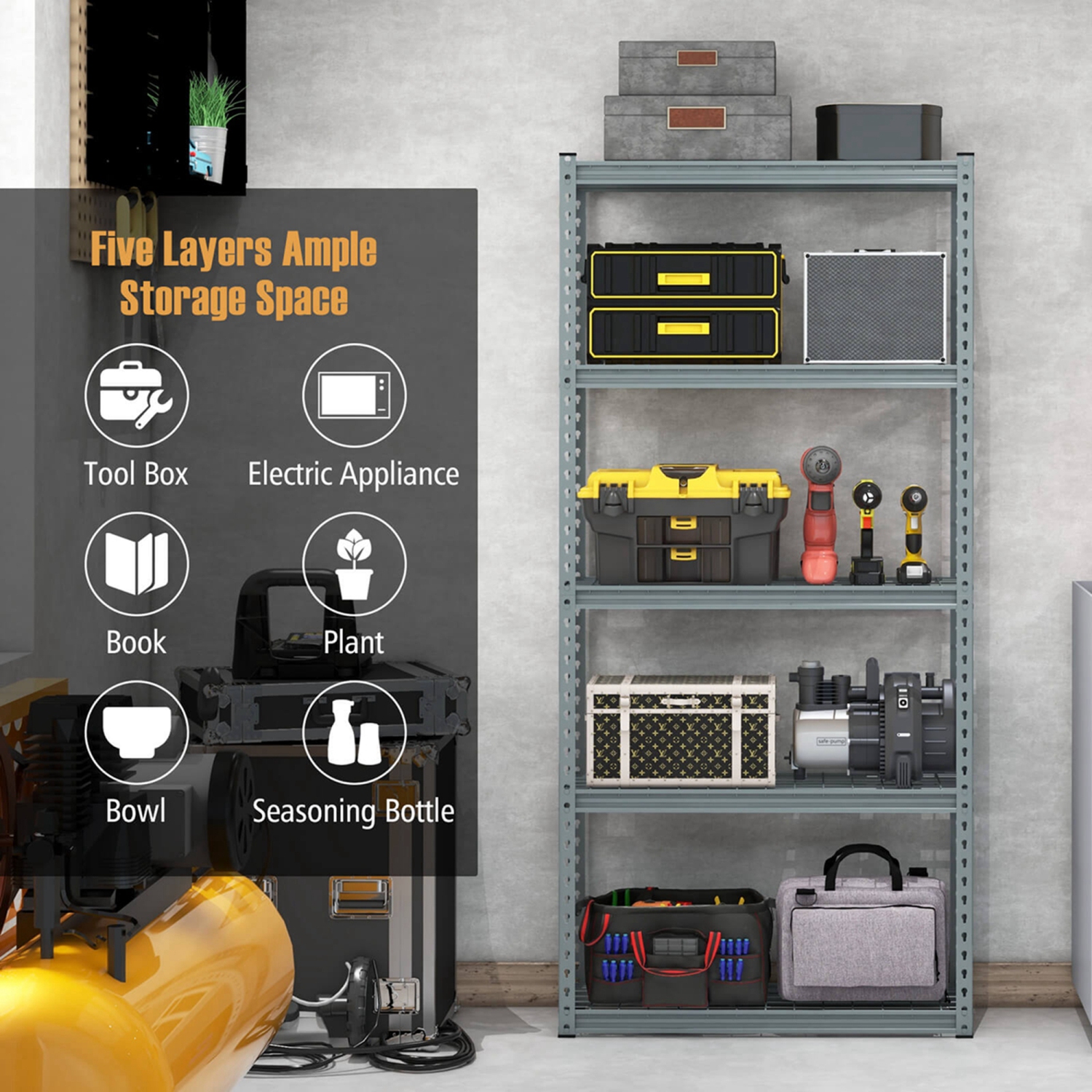 Étagère de rangement robuste à 5 tablettes de Costway avec dispositif antibasculement, gris