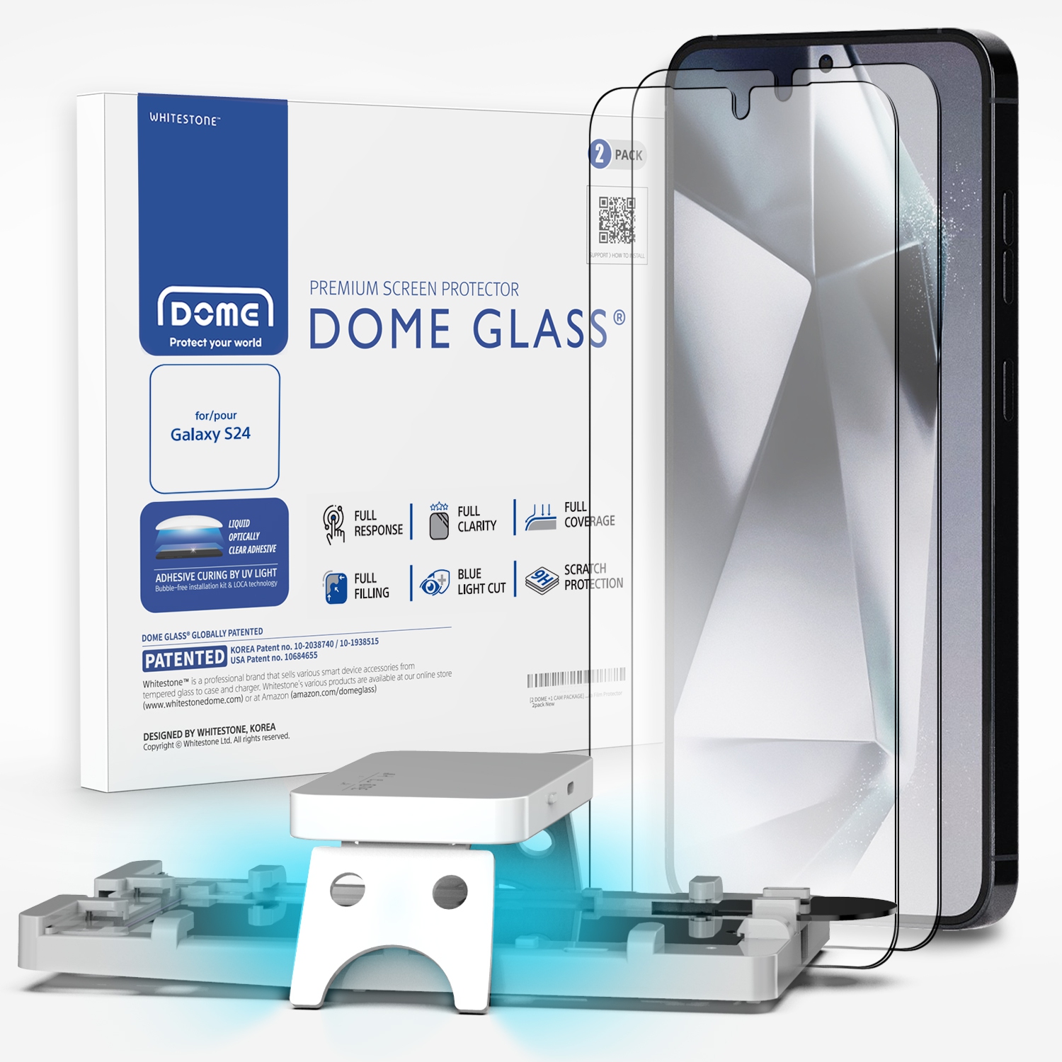 Whitestone DomeGlass Screen Protector for Galaxy S24 with UV Lamp [9H Tempered Glass, Bubble Free, Installation Kit] - 2 Pack